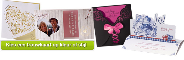 Kies eenvoudig een trouwkaart op kleur of stijl uit de grootste online trouwkaarten collectie.